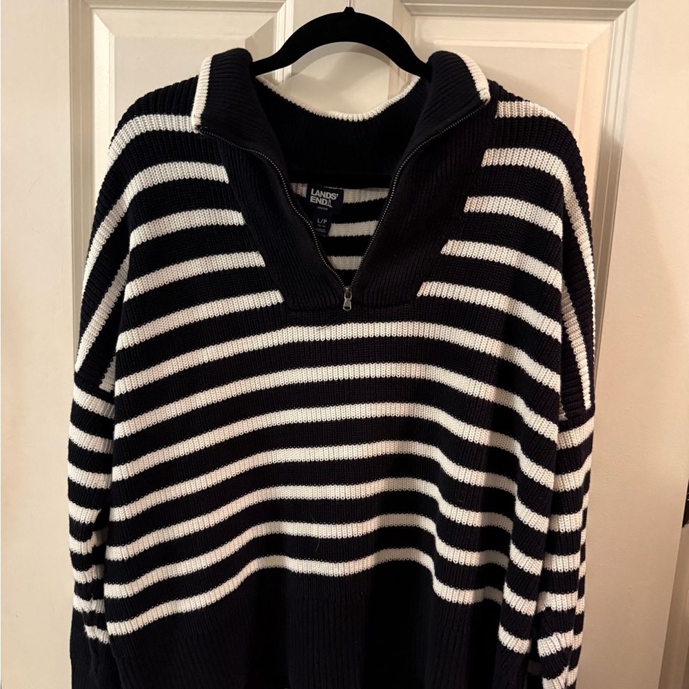 Lands' End Black & White Striped Half-Zip Knit Pullover